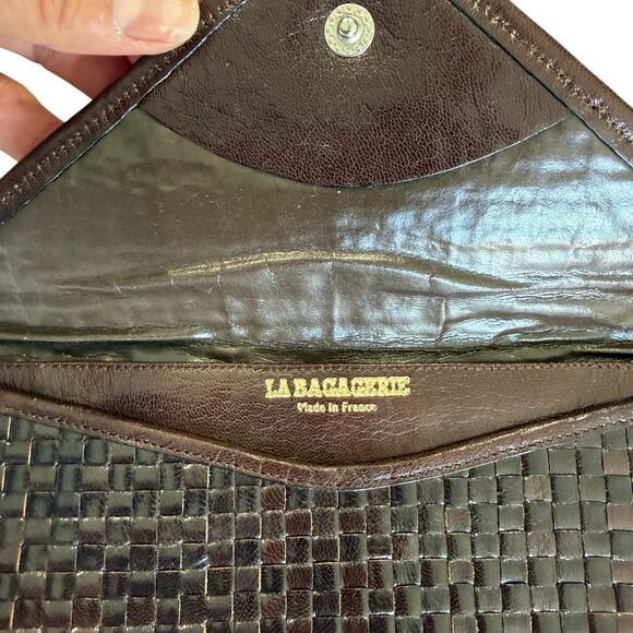La Bagagerie Brown Woven Leather Envelope Clutch Handbag France Classic Chic - Picture 7 of 13